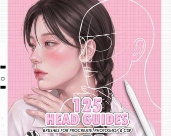 Procreate Anatomy Head Guides: 125 face bases, head planes, face ratio grids (Photoshop & CSP supported)