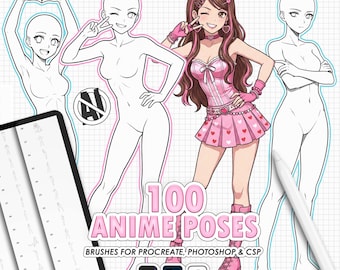 May include: Digital art product showing a pink and white anime character and line drawings of anime figures in different poses. The text reads "100 Anime Poses" with software logos. The background is a grid.