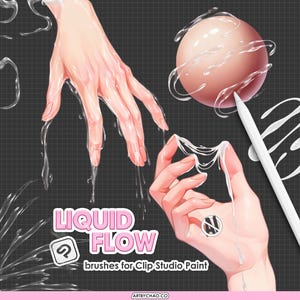Puede incluir: Ilustración digital que muestra dos manos interactuando con líquido, una esfera con gotas de agua y un lápiz óptico blanco. El texto dice LIQUID FLOW brushes for Clip Studio Paint y artbychao.co sobre un fondo de cuadrícula gris oscuro.