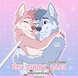 Op de afbeelding: Een digitale illustratie van twee antropomorfe wolven die elkaar omhelzen, één roze en één blauw, met een witte stylus links zichtbaar. De tekst luidt Canine Couple P2U FURRY BASE fully layered .psd en artbychao.co op een lichtpaarse rasterachtergrond.