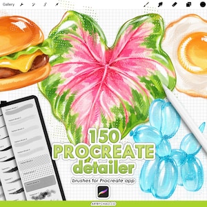 May include: A digital illustration set featuring a large pink and green heart-shaped leaf, a hamburger, a fried egg, and a blue balloon dog. The text 150 PROCREATE detailer brushes for Procreate app is displayed alongside a digital brush menu.
