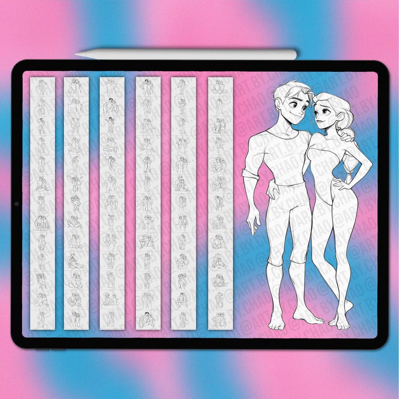 Cartoon couple Procreate pose stamps | Procreate cartoon princess pose stamps | Procreate cartoon body base | Cartoon pose Photoshop brushes