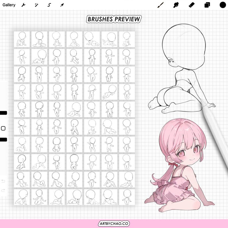 Procreate Chibi Base Poses: 200 Chibi Character Body Stamps (photoshop ...