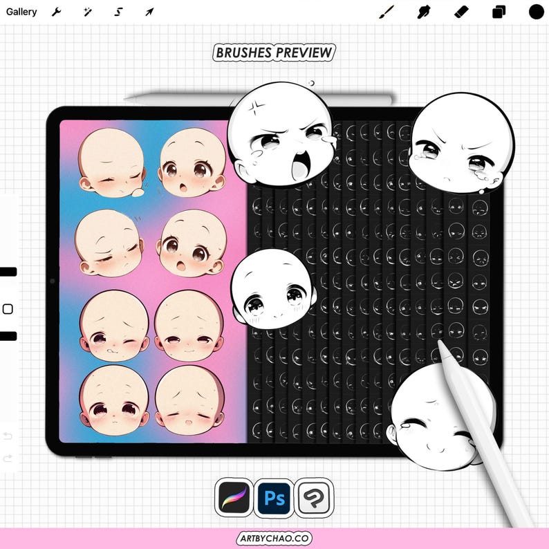 Procreate Emote Base: 200 Chibi Anime Face Expression Stamps (Photoshop, CSP supported) image 4