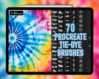 Op de afbeelding: Een zwarte digitale tablet toont een levendig tie-dye ontwerp en een selectie Procreate tie-dye penselen. Het scherm toont de tekst "70 Procreate Tie-Dye Brushes" in lichtblauw. Een witte stylus ligt op de tablet.