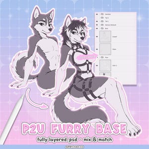 May include: A digital illustration of two anthropomorphic wolf characters with grey and white fur. One character wears a black buckled harness bodysuit. A software layer panel is visible on the right, and the text P2U FURRY BASE is at the bottom.