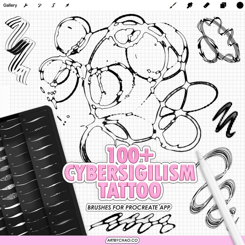 May include: Digital art brushes for the Procreate app. The image shows a tablet with a selection of brush strokes and the text "100+ CYBERSIGILISM TATTOO BRUSHES FOR PROCREATE APP". The background is a grid.