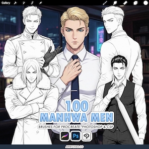 Op de afbeelding: Digitale illustratie met vijf mannelijke figuren in verschillende outfits, waaronder een wit uniform, een jas met bontkraag en een pak. De afbeelding bevat de tekst "100 Manhwa Men" met softwarelogo's en het websiteadres artbychao.co.