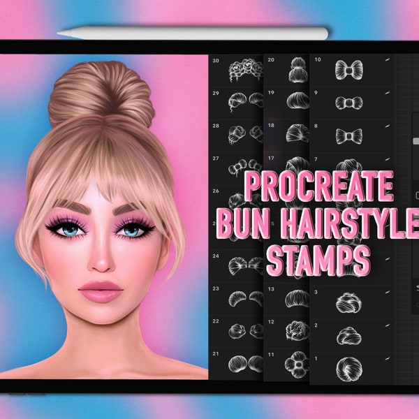 Procreate bun hairstyle stamps | Messy bun hairstyle Procreate brushes | Procreate hair stamps | Procreate hair brushes | Procreate hair