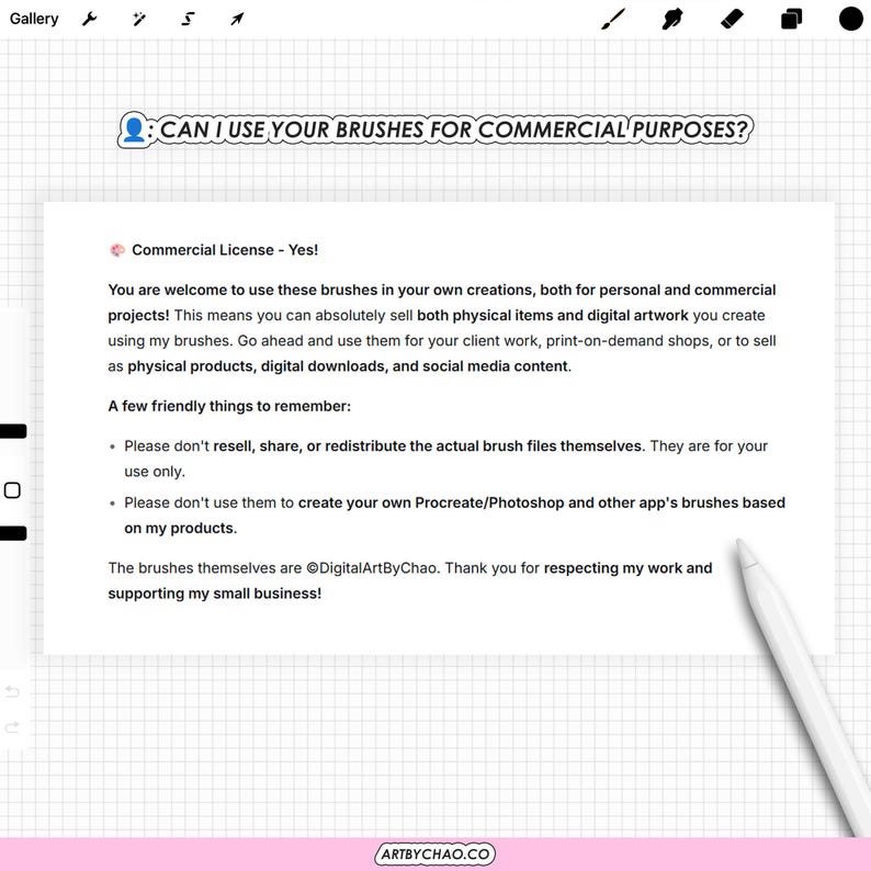 The image is a screenshot of a webpage with a message asking if someone can use brushes for commercial purposes.