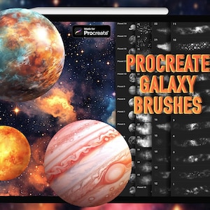 May include: A digital art display featuring a tablet with the text "Procreate Galaxy Brushes." The image showcases colorful planets and a starry background. The tablet displays various brush styles for digital art.