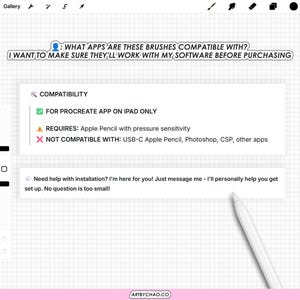 The image is a screenshot of a website or application interface with a grid layout, featuring a pen and a message box. The message box contains text that asks about the compatibility of brushes with certain software, and it also provides a response indicating that the app is compatible with Apple Pencil and USB-C.