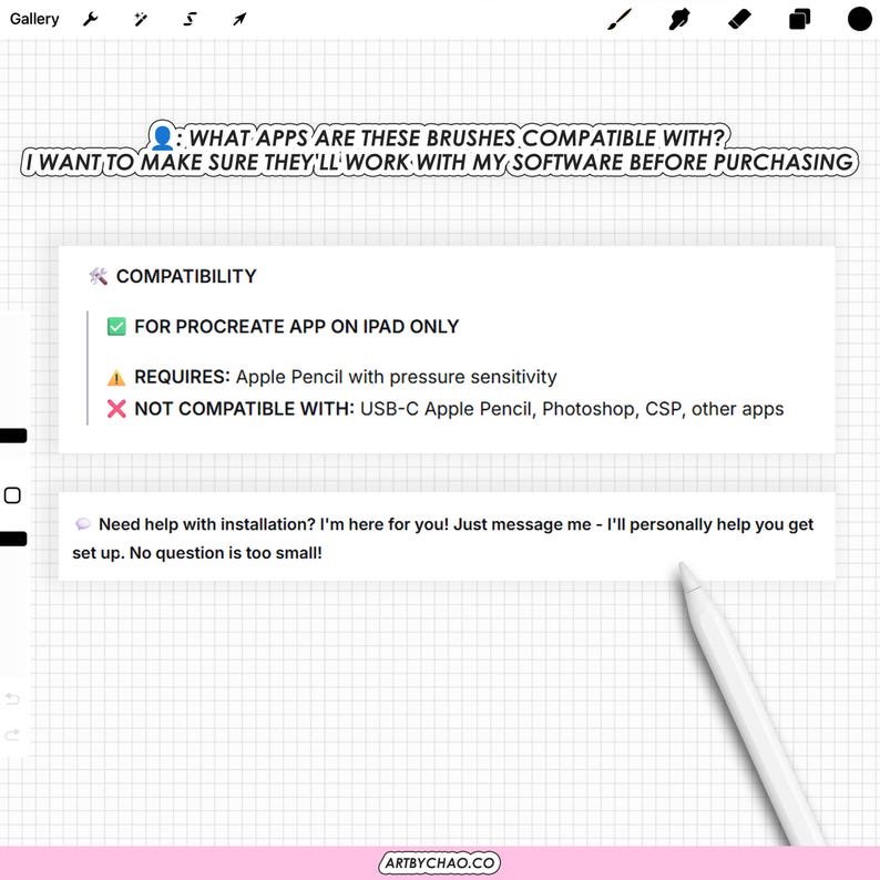 The image is a screenshot of a website or application interface with a grid layout, featuring a pen and a message box. The message box contains text that asks about the compatibility of brushes with certain software, and it also provides a response indicating that the app is compatible with Apple Pencil and USB-C.
