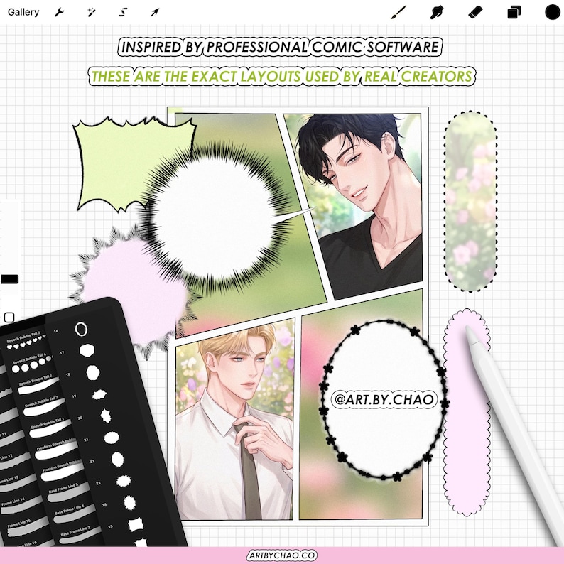 Manga and manhwa comic builder brush set for Procreate with professional panel layouts, speech balloons, decorative frames