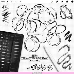May include: Digital art brushes in Y2K and Cybersigil style are displayed on a grid background. The image features various brushstroke examples, a tablet with brush previews, and a stylus. Text reads "100+ Y2K & CYBERSIGIL STYLE BRUSHES".