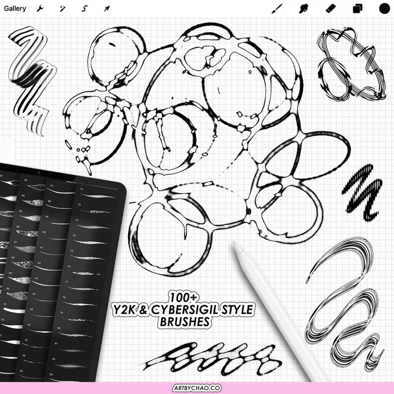 May include: Digital art brushes in Y2K and Cybersigil style are displayed on a grid background. The image features various brushstroke examples, a tablet with brush previews, and a stylus. Text reads "100+ Y2K & CYBERSIGIL STYLE BRUSHES".
