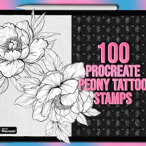 Procreate peony stamps. Peony Procreate tattoo stamps. Flower Procreate stamps tattoo. Peonies Procreate brushes