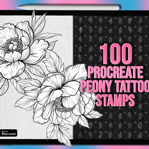 Procréer des timbres de pivoine | Pivoine Procreate tampons de tatouage | Le tatouage des tampons Flower Procreate | Pinceaux Procreate pivoines