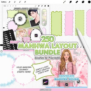 May include: A digital asset bundle for Procreate featuring 250 manhwa layout brushes, including speech bubbles, panel frames, and decorative elements. The interface displays comic page templates, character illustrations, and text reading 250 MANHWA LAYOUT BUNDLE.