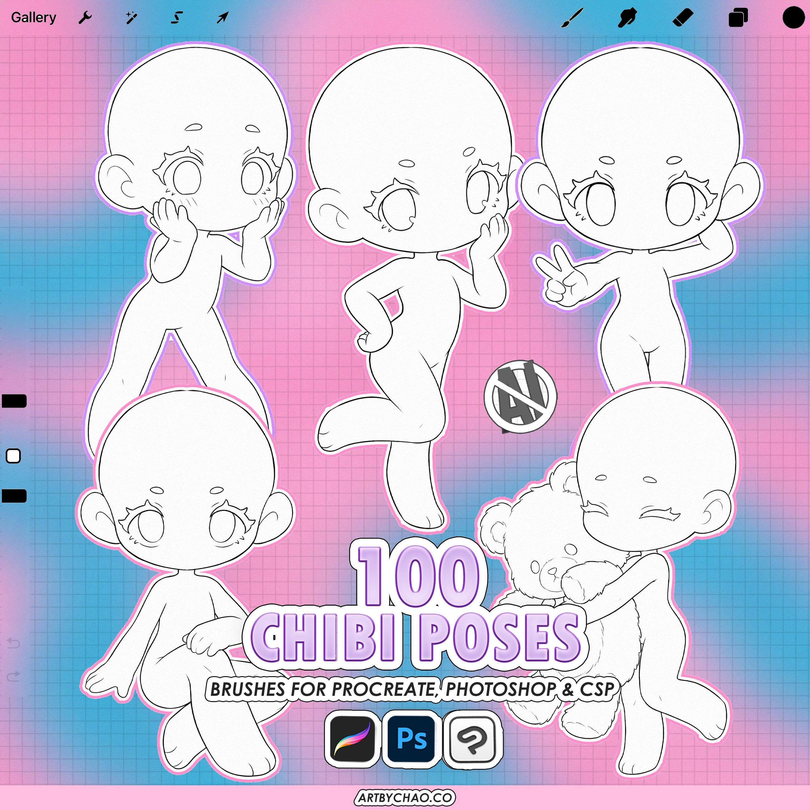 Procreate Chibi Poses: 100 Chibi Base Body Stamps (photoshop & CSP ...