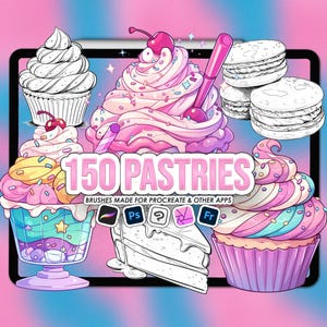 Puede incluir: Ilustración digital de varios pasteles, incluyendo cupcakes y macarons, con glaseado rosa y azul. Se muestra el texto "150 Pastries", junto con iconos de aplicaciones. El tema general es un diseño de postre colorido y caprichoso.