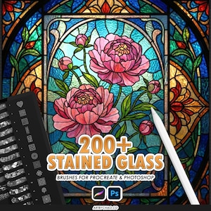 Procreate Stained Glass Brushes: 211 outline templates, glass textures, metallic contour, mosaic patterns