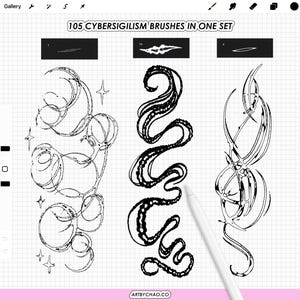 May include: Digital art brushes set with the text "105 CYBERSIGILISM BRUSHES IN ONE SET". The image shows examples of the brushes, including swirling lines, star shapes, and abstract designs. A white stylus is also visible.