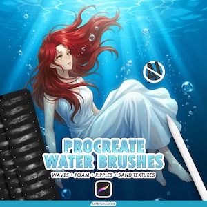 May include: Digital art illustration of a woman with long red hair and a white dress underwater. The image includes the text "Procreate Water Brushes" with keywords like "Waves, Foam, Ripples, Sand Textures". A stylus and a set of brushes are also visible.