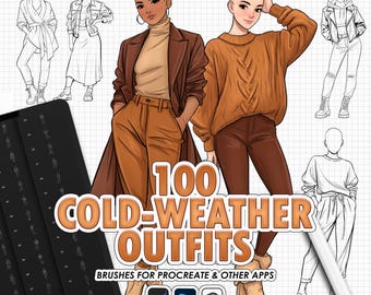 Procreate Cold Weather Outfit Brushes: women fall/winter fashion clothing stamps & poses (Photoshop, CSP supported)
