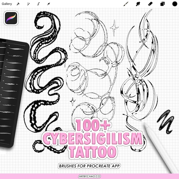 Cybersigilism Procreate Tattoo Brushes: 105 abstract line effects, ink outlines, textured strokes