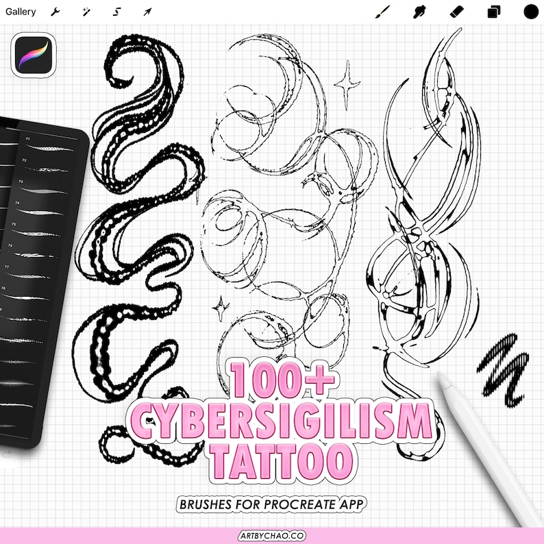 Cybersigilism Procreate Tattoo Brushes: 105 abstract line effects, ink outlines, textured strokes image 1