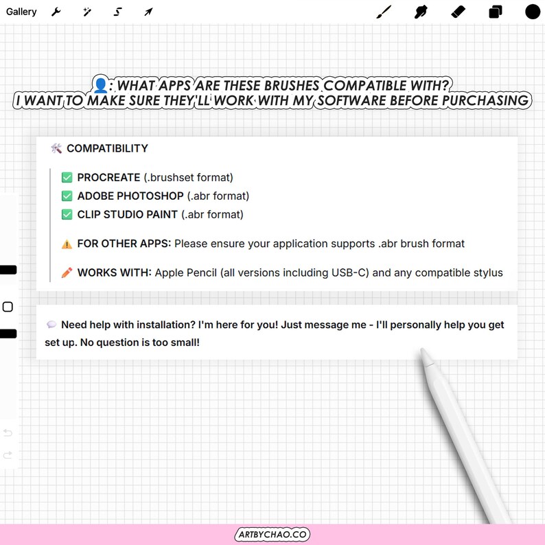 The image is a screenshot of a software interface with a grid background and a white pen pointing to the right side. The interface appears to be a user interface for a drawing or painting application, with various brush tool options and compatibility information displayed.