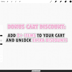 Może przedstawiać: Cyfrowa grafika na białym tle w kratkę z napisem BONUS CART DISCOUNT: ADD 2+ ITEMS TO YOUR CART AND UNLOCK EXTRA DISCOUNTS. Tekst wykorzystuje kombinację r&oacute;żowych i czarnych liter z białym obrysem dla zapewnienia czytelności.