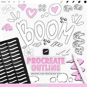 Puede incluir: Elementos de arte digital en negro y rosa, incluyendo corazones, flores y la palabra "BOOM". La imagen también presenta el texto "PROCREATE OUTLINE" y "BRUSHES FOR PROCREATE APP."