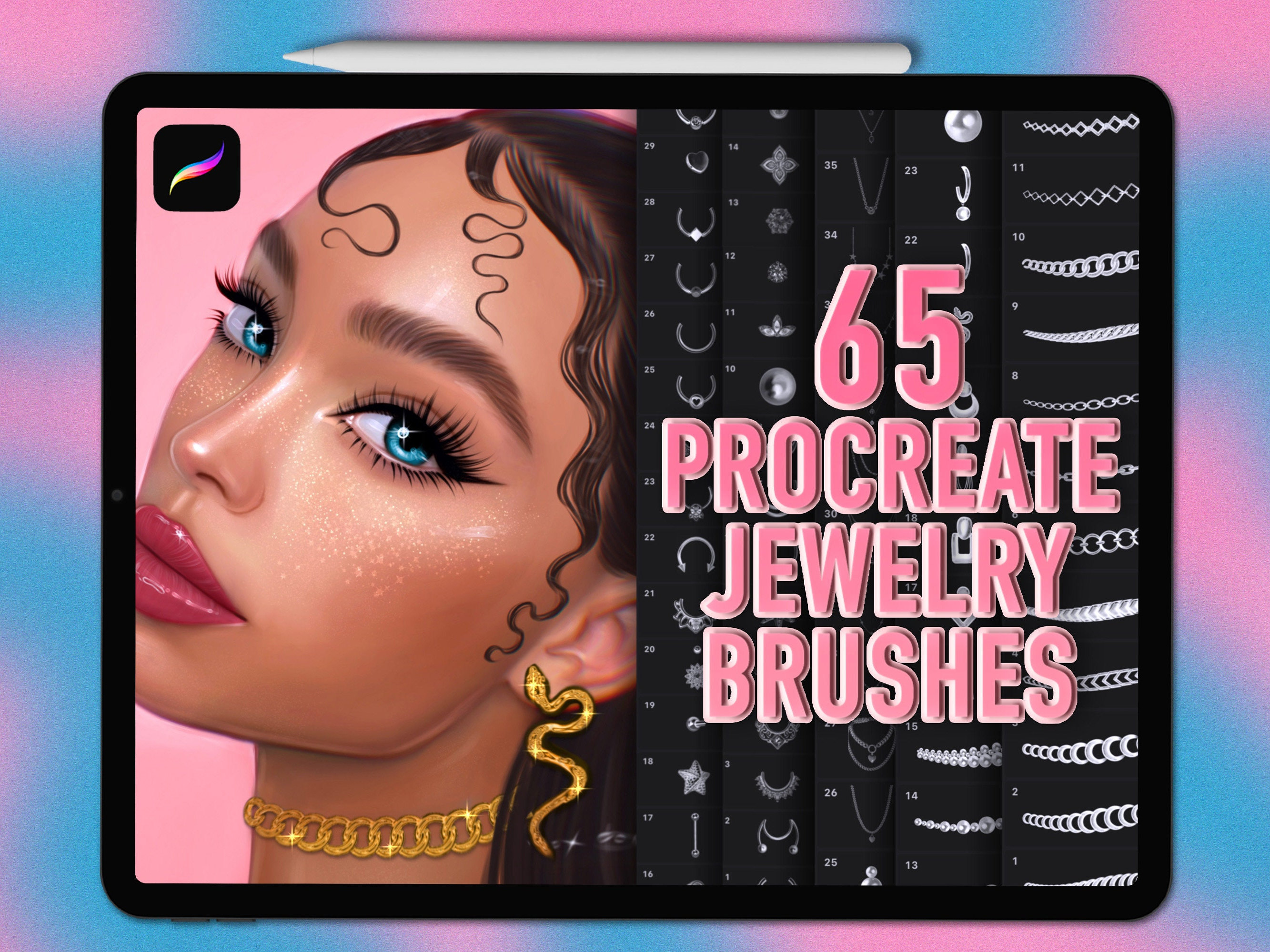 Procreate Jewelry Brushes Set – 65 Chain, Necklace, Earring & Piercing Stamps + Metal Palette