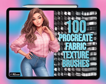 May include: Digital art on a tablet featuring a woman in a pink plaid shirt and jeans. The screen displays "100 Procreate Fabric Texture Brushes" with various fabric patterns. A white stylus rests on top.