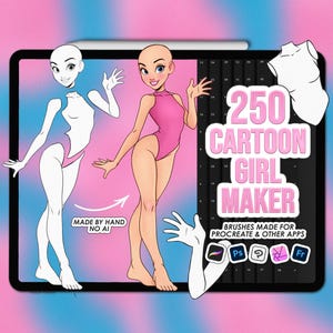 Può includere: Illustrazione digitale di un creatore di ragazze dei cartoni animati su un tablet. L'immagine presenta una ragazza dei cartoni animati in costume da bagno rosa, un contorno bianco di una ragazza e il testo "250 Cartoon Girl Maker". L'immagine include anche il testo "Made by Hand No AI".