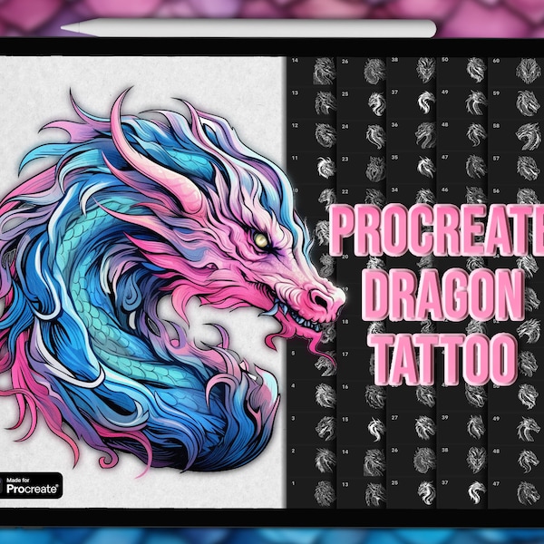 Dragon tattoo Procreate-stempels | Maak drakenpostzegels | Maak drakentattoo-stempels | Dragon Procreate tattoo-penselen