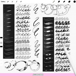 May include: Digital art brushes and strokes displayed on a grid. The image features various brush styles, including lines, curves, and textured patterns. A stylus is present, suggesting digital art creation. The website address "ARTBYCHAO.CO" is visible.