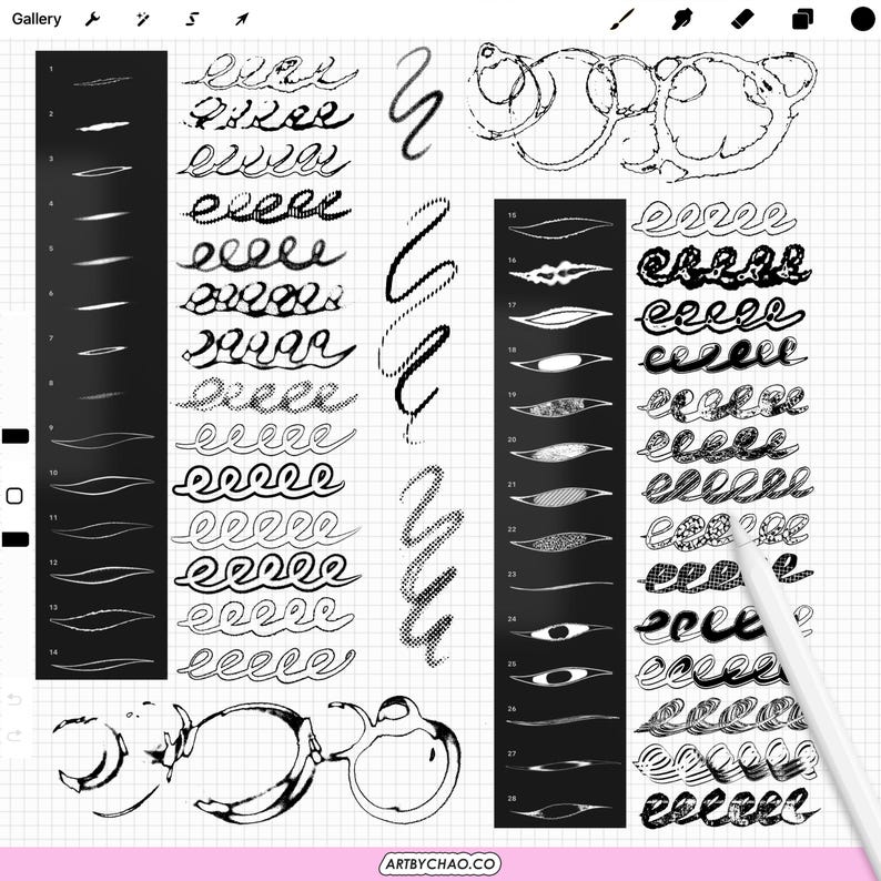 May include: Digital art brushes and strokes displayed on a grid. The image features various brush styles, including lines, curves, and textured patterns. A stylus is present, suggesting digital art creation. The website address "ARTBYCHAO.CO" is visible.
