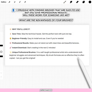 The image is a screenshot of a webpage or a digital document with text and bullet points, likely discussing the advantages of using professional brushes for creating art.