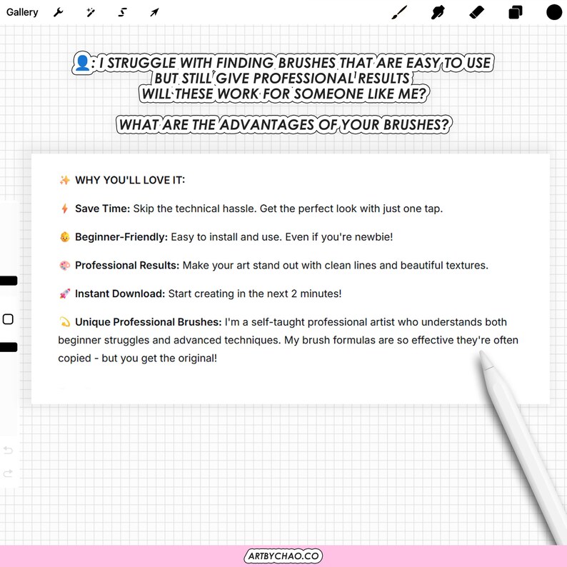 The image is a screenshot of a webpage or a digital document with text and bullet points, likely discussing the advantages of using professional brushes for creating art.