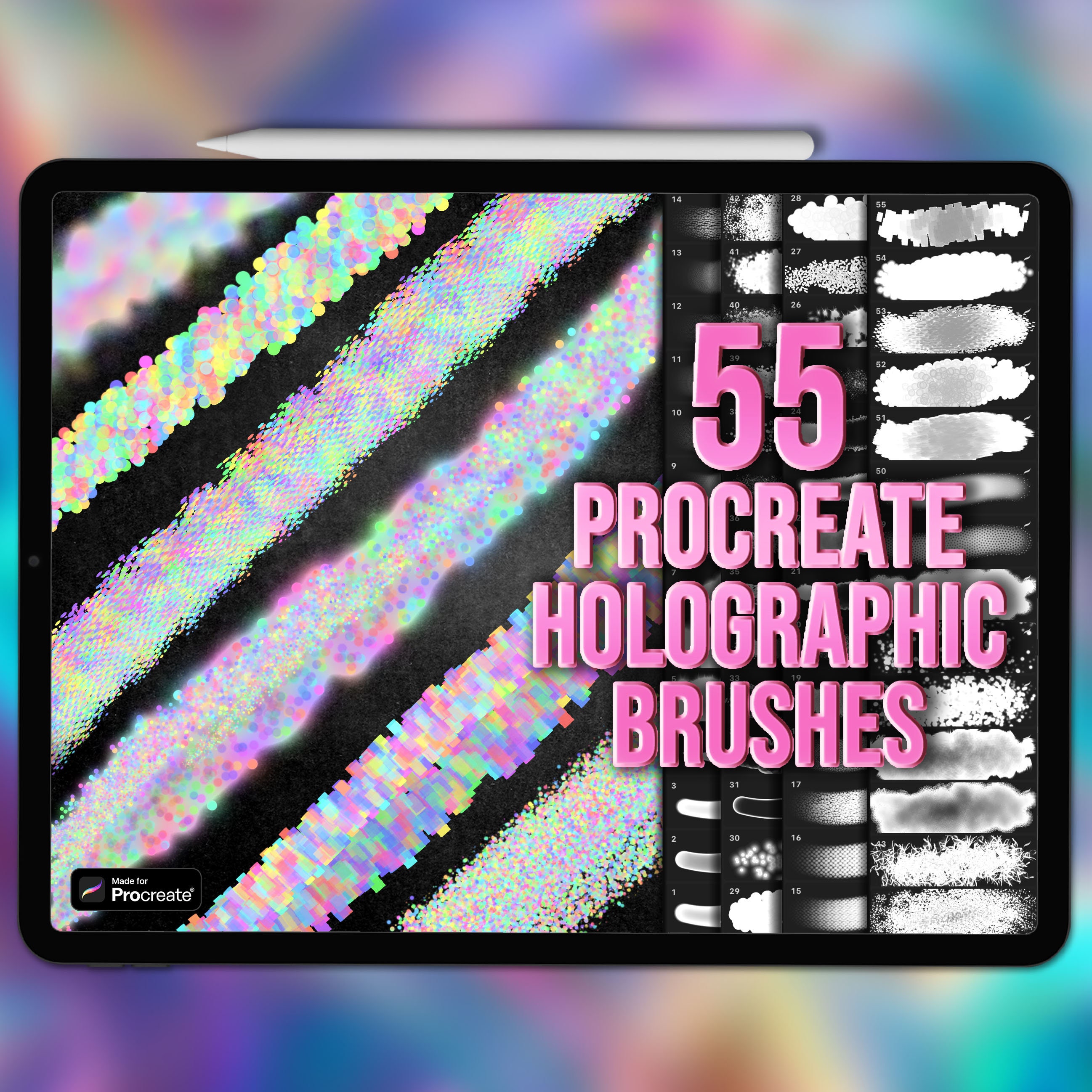 Set de Pinceles Holográficos para Procreate – 55 efectos de brillo, shimmer, iridiscente y foil