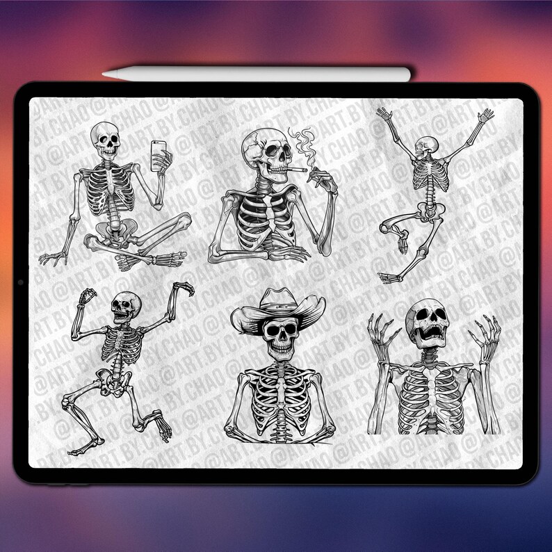 Skeleton Procreate stamps | Procreate skull stamps | Procreate skeleton stamps | Photoshop skull brushes | Clip Studio Paint skull stamps