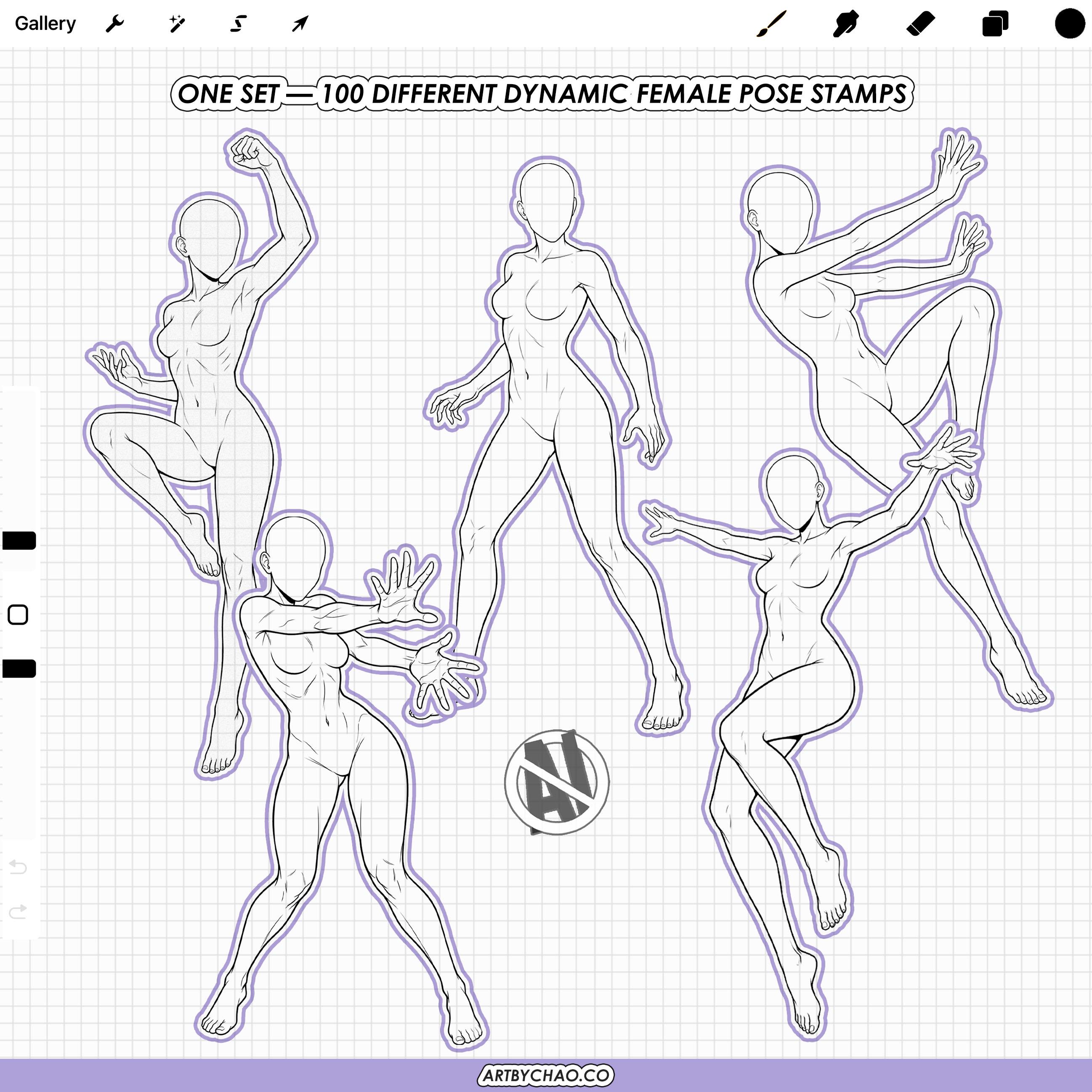 Procreate Dynamic Female Poses: 100 Action Pose Stamps (photoshop & CSP ...