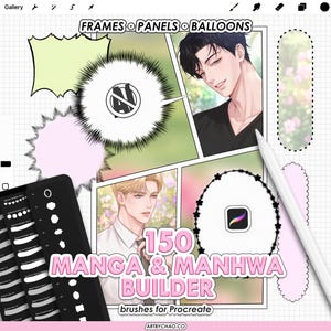 May include: A digital brush set for Procreate titled 150 MANGA & MANHWA BUILDER, featuring various comic panel frames, speech bubbles, and decorative balloons on a grid background, alongside a white stylus and a menu of brush options.