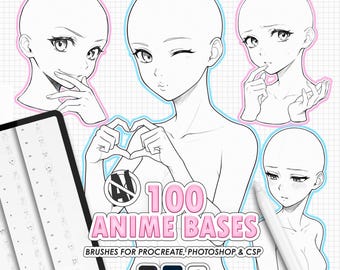 May include: A digital art set of 100 anime bases featuring various character head and torso sketches with different expressions, including a central figure making a heart shape with hands, labelled 100 ANIME BASES for Procreate, Photoshop, and CSP.