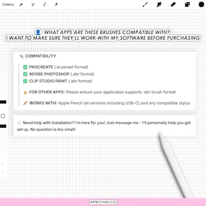 The image is a screenshot of a software interface with a grid background and a white pen pointing to the right side. The interface appears to be a user interface for a drawing or painting application, with various brush tool options and compatibility information displayed.