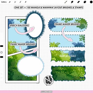 Preview of 150 manga and manhwa layout brushes with speech balloons, panel maker brushes and frame maker stamps for Procreate comics