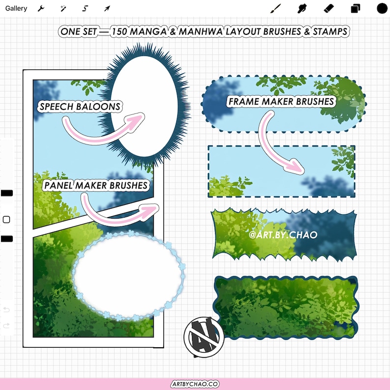 Preview of 150 manga and manhwa layout brushes with speech balloons, panel maker brushes and frame maker stamps for Procreate comics